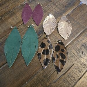 Handmade Leaf Leather Earrings - 4 Sets Green, Plum, Rose Gold, Leopard